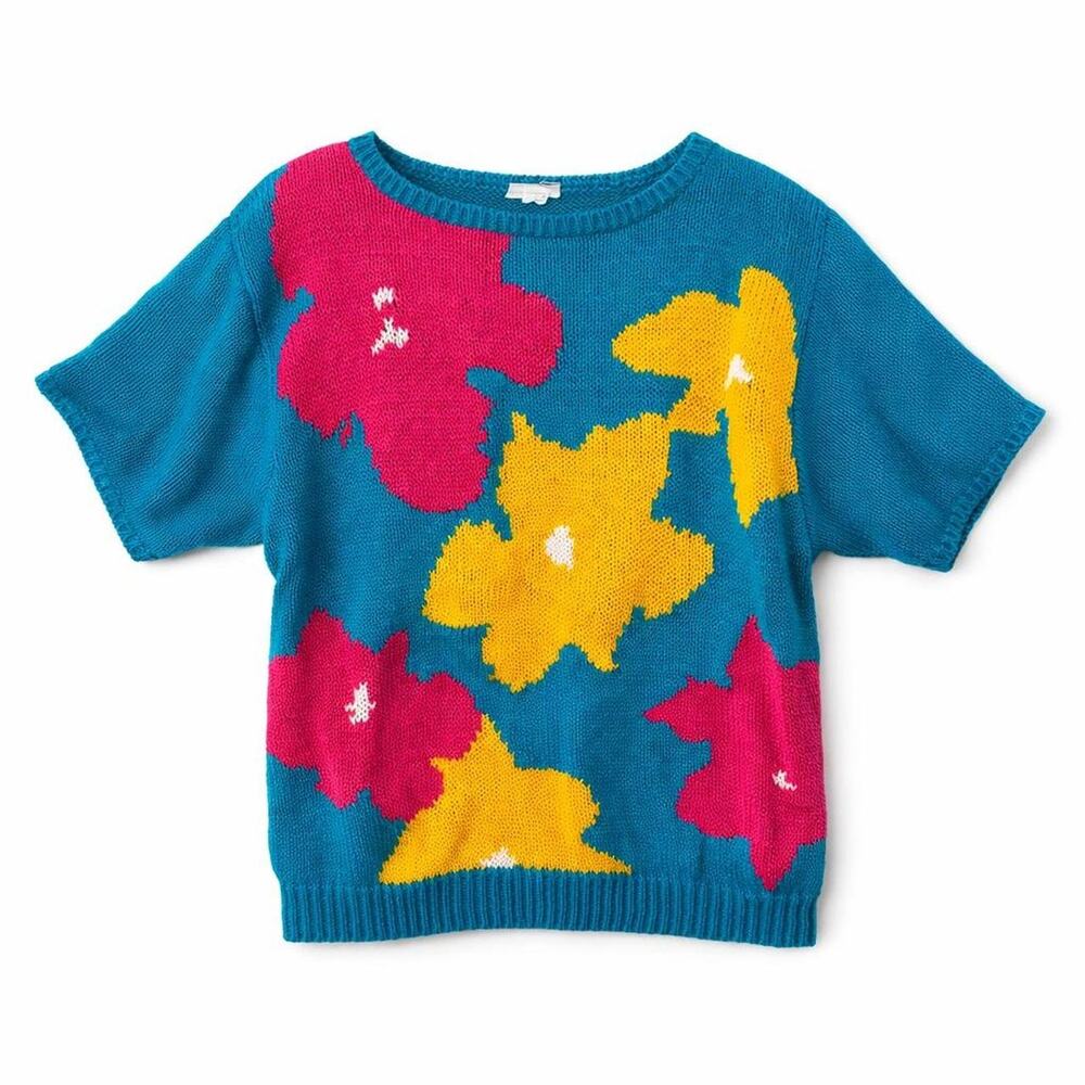 Vintage 80s‎ Kidcore Dopamine Cottagecore knit blue turquoise pink floral daisy